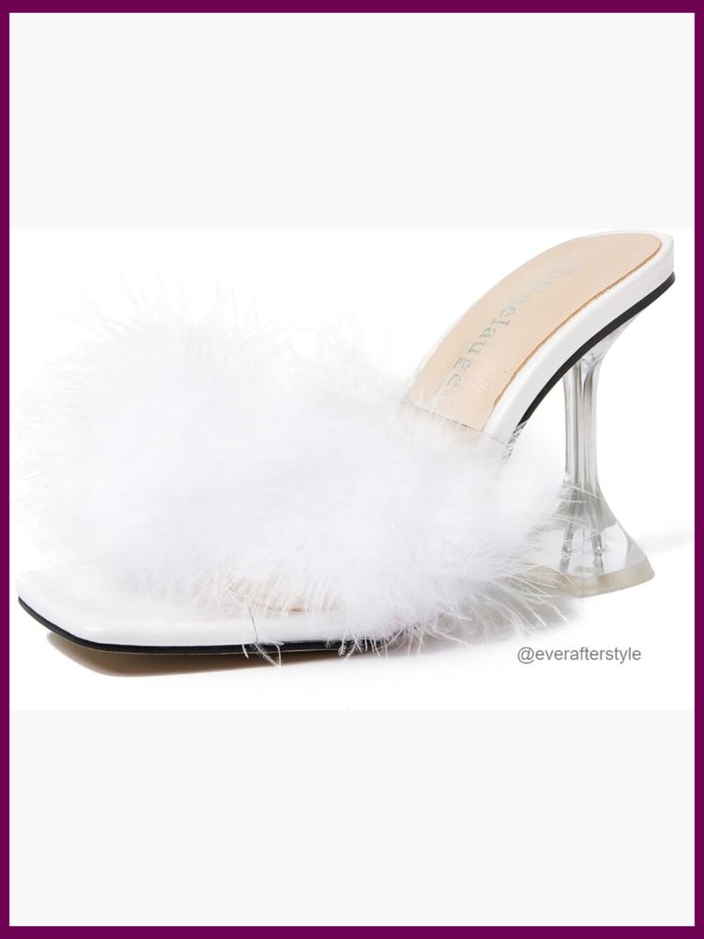 Feather High Heeled Mules Square Toe Slip On Sandals Fuzzy Fluffy Clear Heels